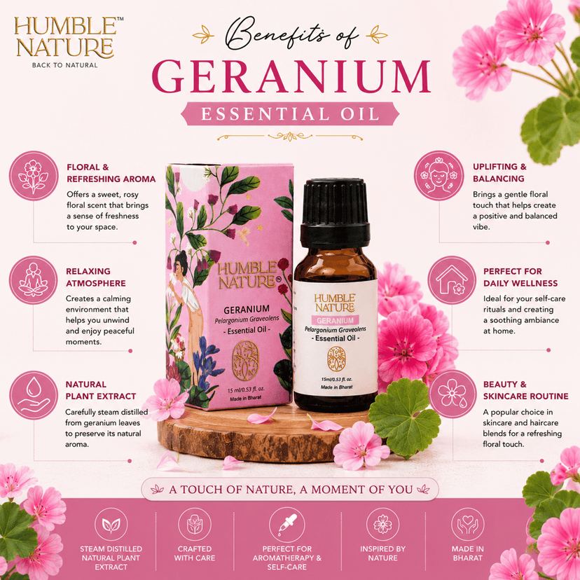 Humble Nature Geranium Essential Oil 15ml | Steam Distilled Natural Plant Extract | Premium Aromatherapy Oil for Diffuser, Massage, Skin Care, Hair Care & Home Fragrance view 3
