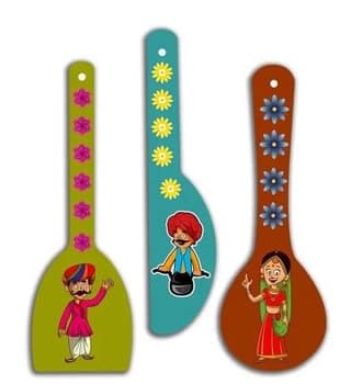 Decorative Wooden Spoon Wall Hanging Set of 3, Rajasthani Art