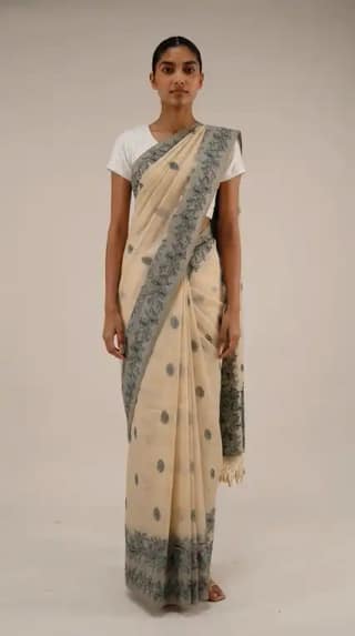 Bomkai Sonepuri Beige Cotton Saree Olive Paisley Buti