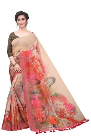 Silk Zone Women's Cotton Blend Kalamkari Digital Printed Tassel Saree with Blouse Piece
