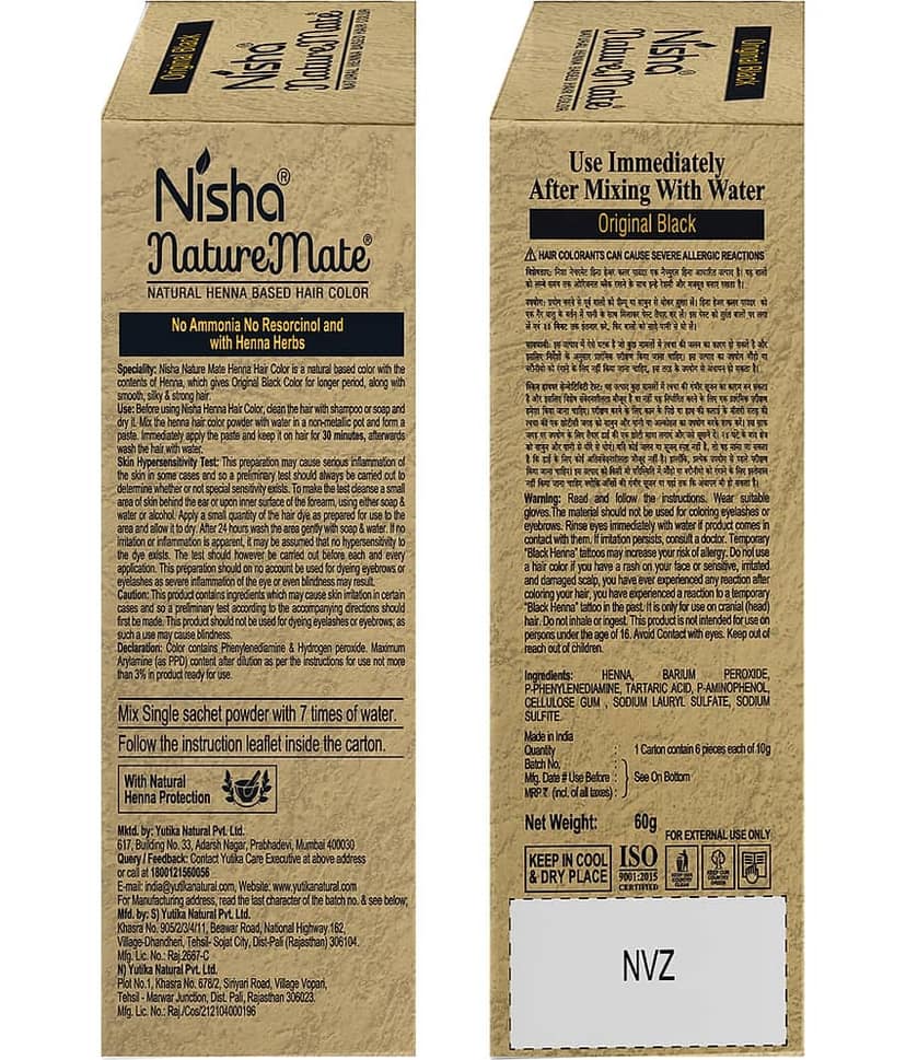 Nisha Nature Mate Henna Based Hair Colour Original Black 60gm, No Ammonia, No Resorcinol, 100% Grey Coverage view 2