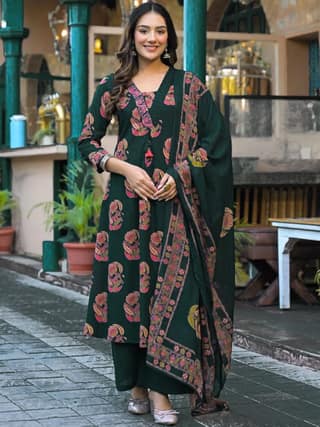 Women's pure cotton dark green embellished hand block printed ready to wear full stitched suit with pant and dupatta