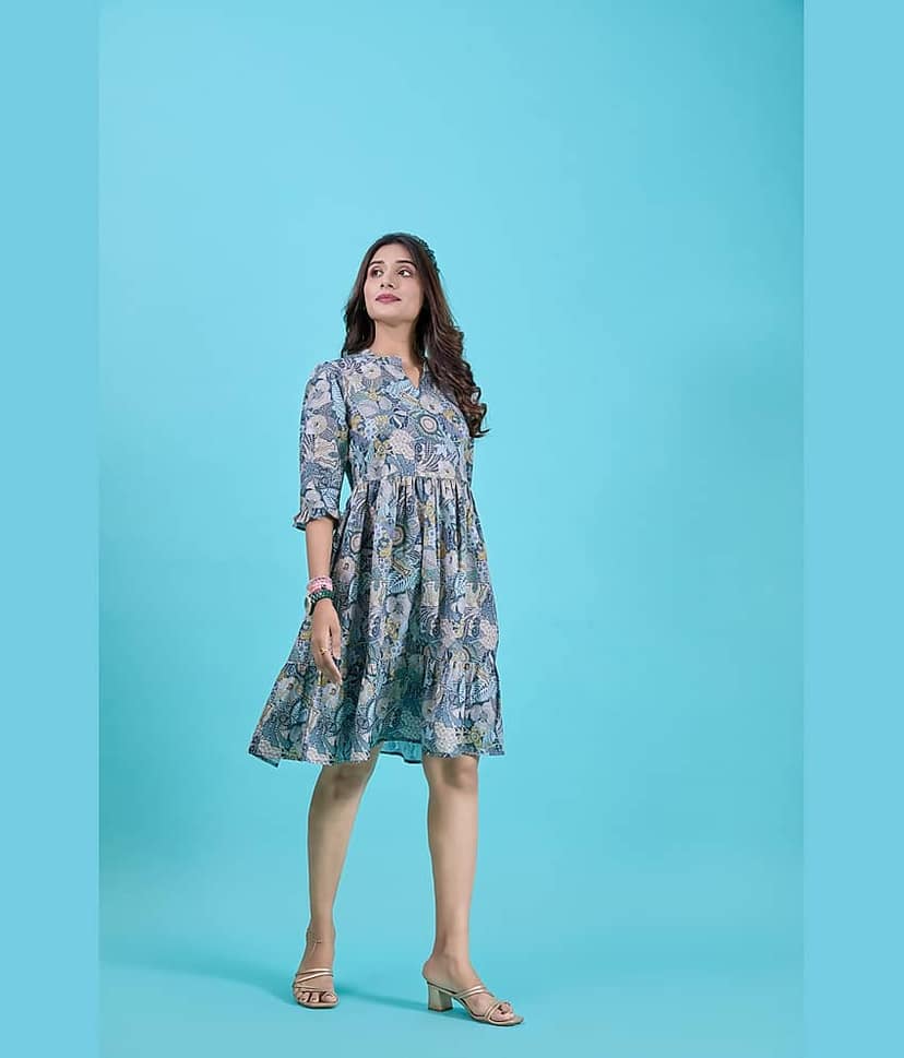 Amarasha Women Crepe Printed Fit & Flare Dress ( Blue )
