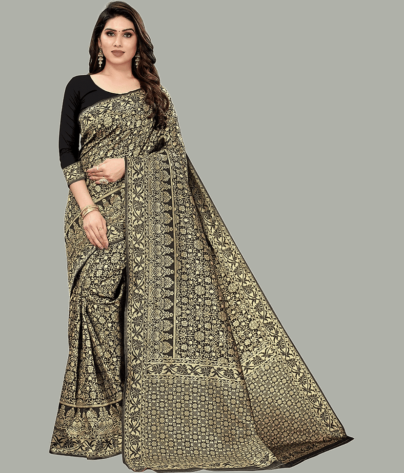 GARIYA Banarasi Silk Embellished Saree With Unstitched Blouse Piece ( Black )