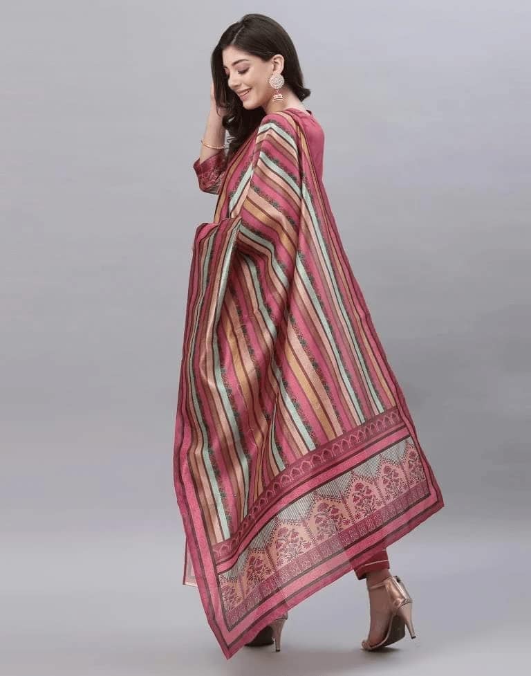 Buy & Try Rayon Kurta Pant Set with Dupatta | Chinon Art Silk Kurti Set with Embrodry Work for Wedding, Party & Festival. view 3