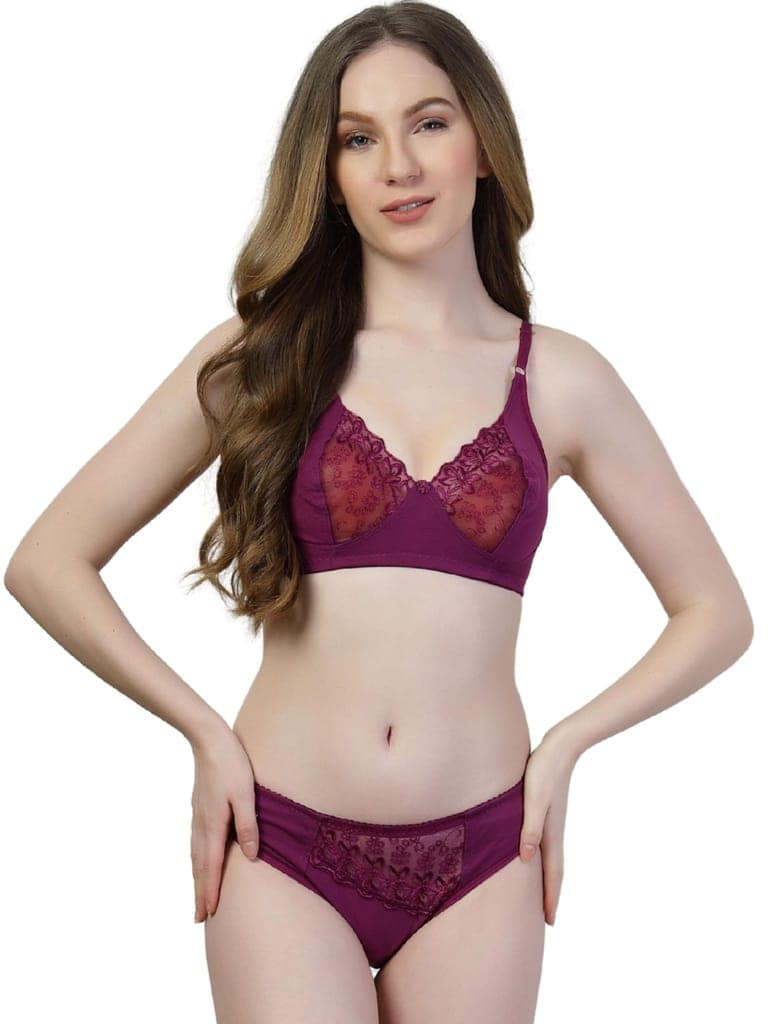 ADORNSTAR Women Purple Designer Cotton Lingerie Set | Non Wired Non Padded Full Coverage Bra with Hipster Panty | Soft Fabric Straps and Breathable and Comfortable Innerwear Set