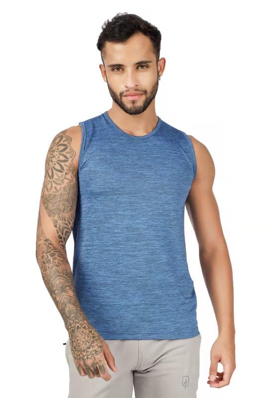 BLUEFICUS Men's GymVest Workout and Muscle Tank Top for Bodybuilding Running Weight Lifting Made by Dryfit Polyester Fabric (Grey & Blue) (Pack of 2) view 2