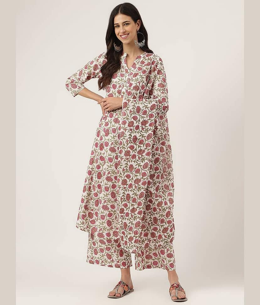 Divena Women Cotton Printed Anarkali Kurti With Palazzo ( White )