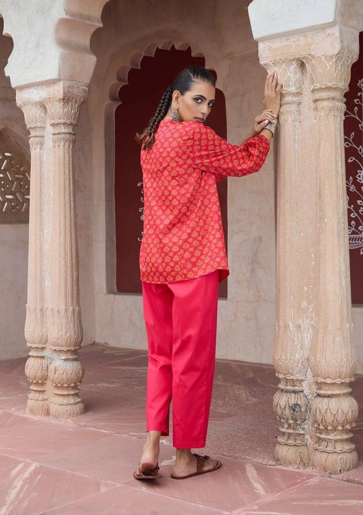HOC Crafts Glazed Cotton Hand Block Printed with Hand Embroidery Women's 2 PC Co-ord Set - Pink view 8
