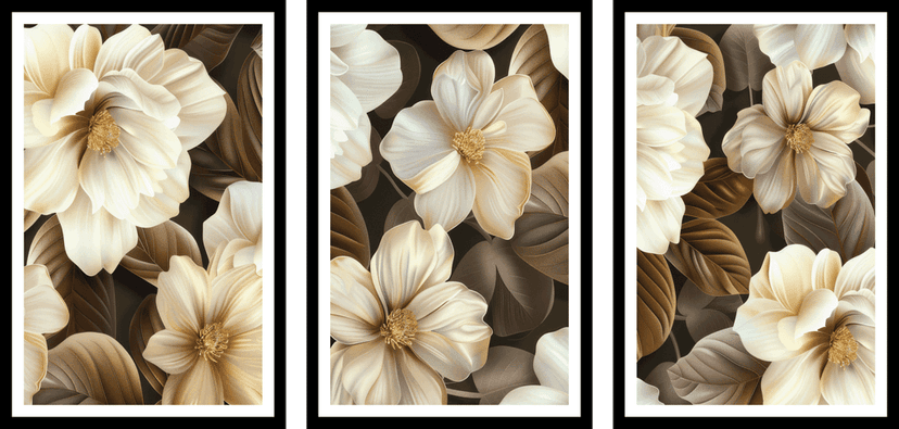 SET OF 3 SEPIA FLOWERS PAINTINGS 48in X 24in WITH BLACK FRAME view 2