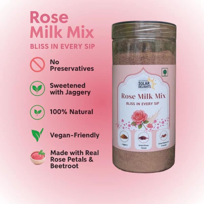 DR. RENGA'S SOLAR DELIGHTS Sugar Free Rose Milk Mix | Sweetened with Nattu Sakkarai (Jaggery) | Traditional Rose Milk Essence Powder | 400g view 4