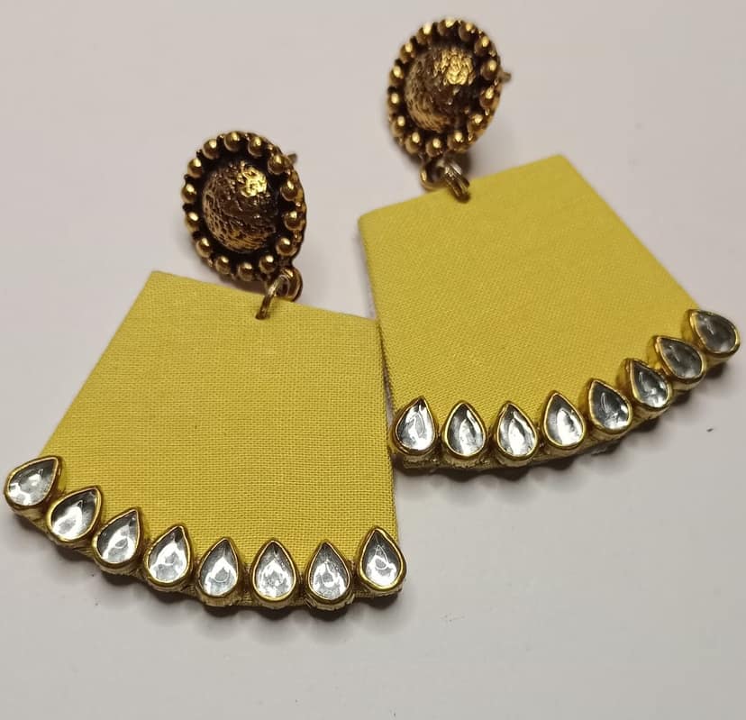 Elegant Yellow Fabric Kundan Earrings - Lightweight Festive Jewelry view 2