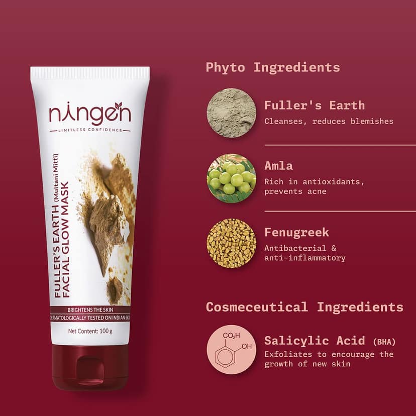 Ningen Fuller's Earth (Multani Mitti) Facial Glow Mask I Infused with Fenugreek and Indian Gooseberry Extracts I Dermatologically Tested, Paraben Free I For Softer and Fuller Skin I 100g view 2