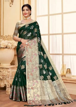 Woven Art Silk Saree in Dark Green