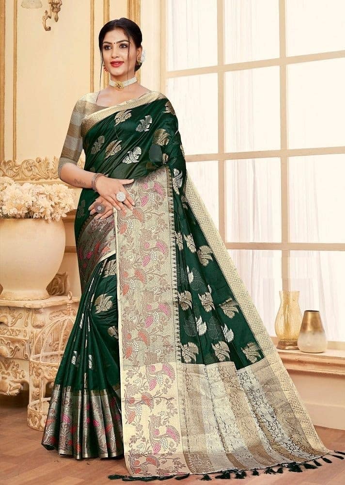 Woven Art Silk Saree in Dark Green