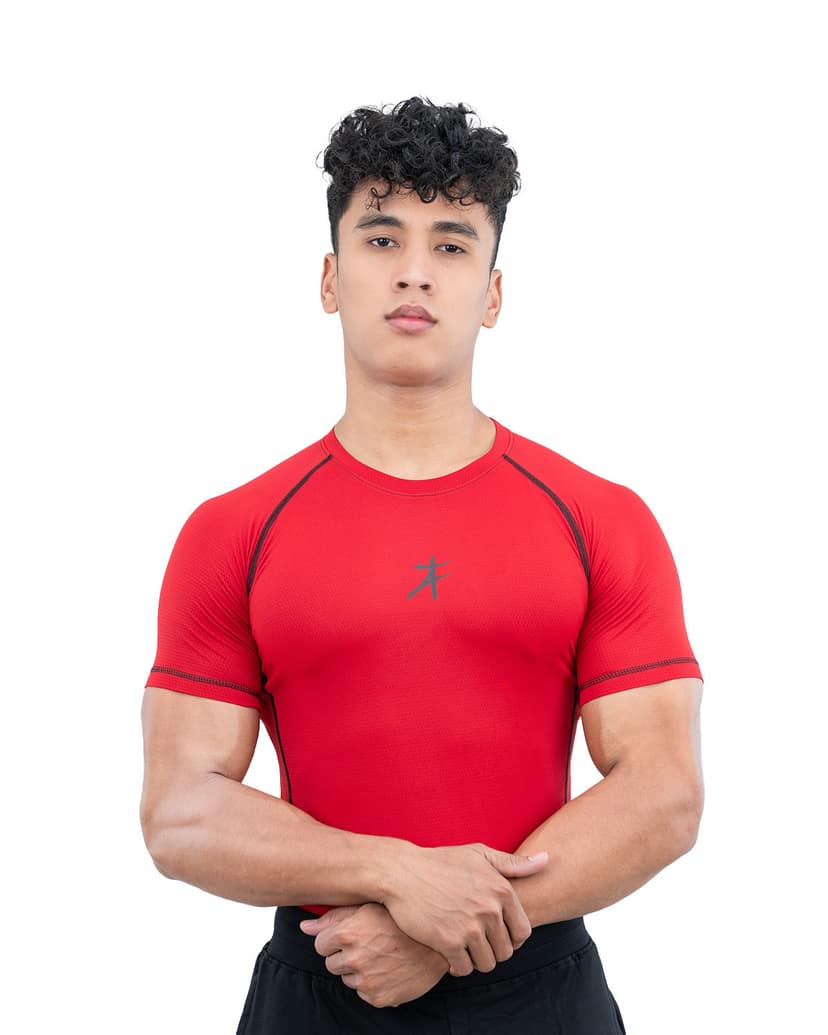 Athflex Men’s Muscle Fit Half Sleeve Textured Compression T-Shirt – Quick Dry, Textured Fabric,Superhero Look ,Stretchable Sportswear for Workout,Fitness & GYM - red/S