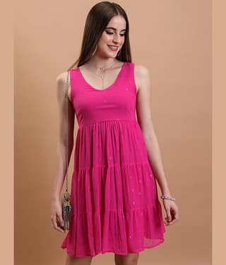 Tokyo Talkies Women Polyester Printed Empire Dress ( Pink )