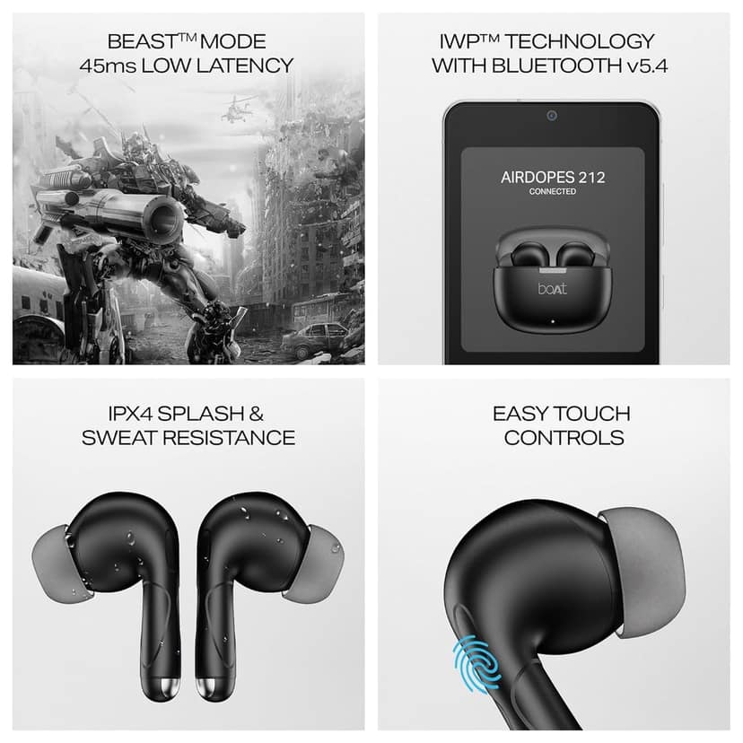 Boat Airdopes 212 Bluetooth TWS Wireless Earbuds with Mic, 50H Battery, ENx Tech, Beast Mode, ASAP Charge, Easy Touch Controls - Noir Black view 4