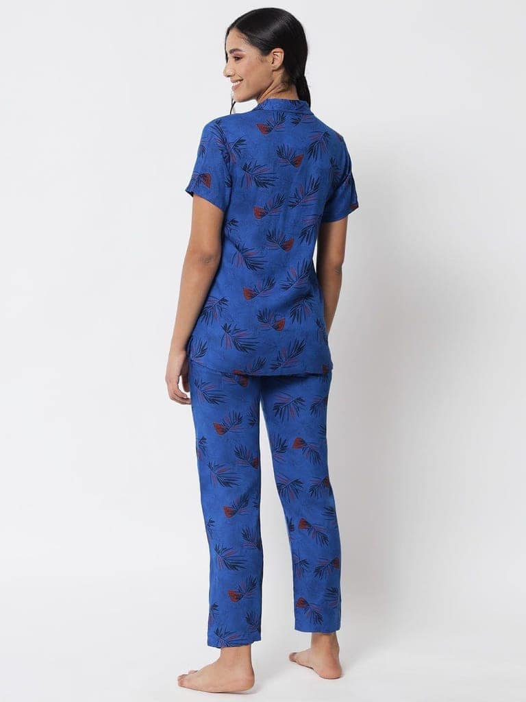 Printed Button Up Navy Nightsuit For Women With Pockets in Pyjamas N75N view 4