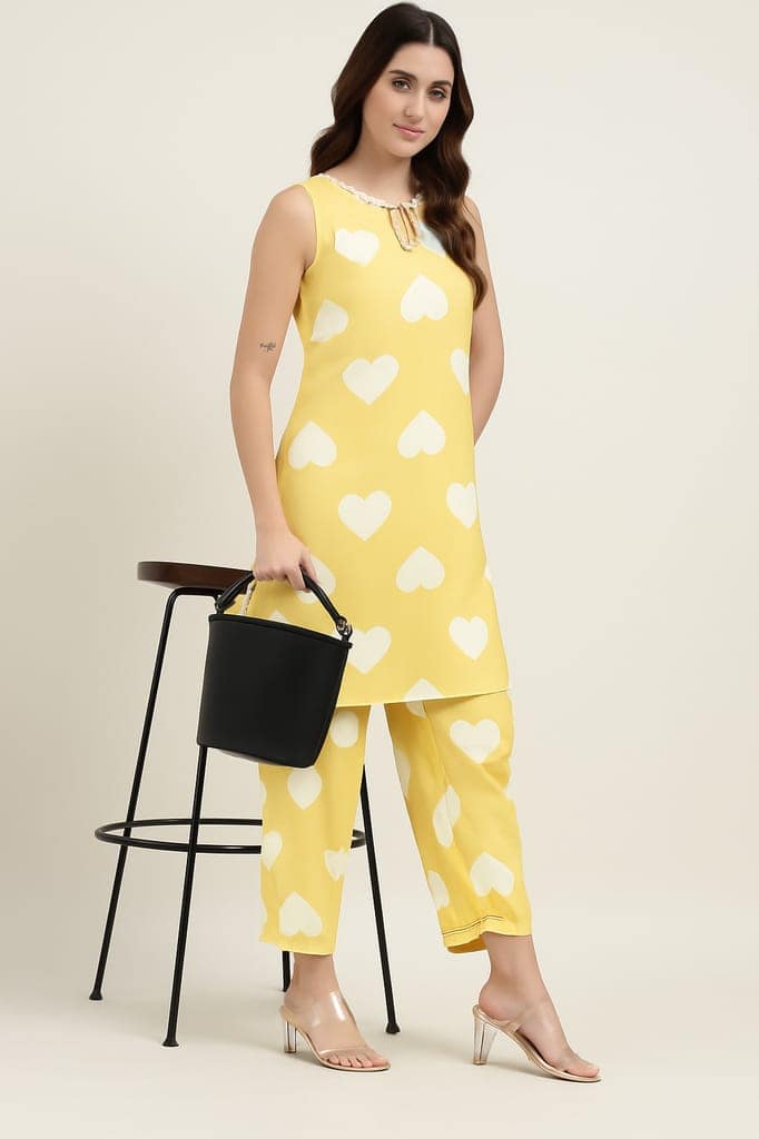 Yellow Heart Print Co-Ord Set for Women – Sleeveless Kurta with Matching Pants