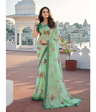 BLEESBURY Georgette Printed Saree With Unstitched Blouse Piece ( LightBLue )