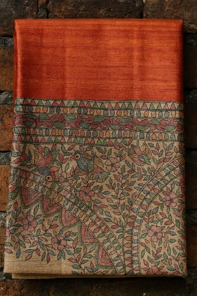 Dark Orange Tussar Silk Saree with Handpainted Madhubani Border view 3