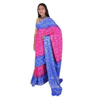 Tribes India Handwoven Pink and Blue Bandhej Saree