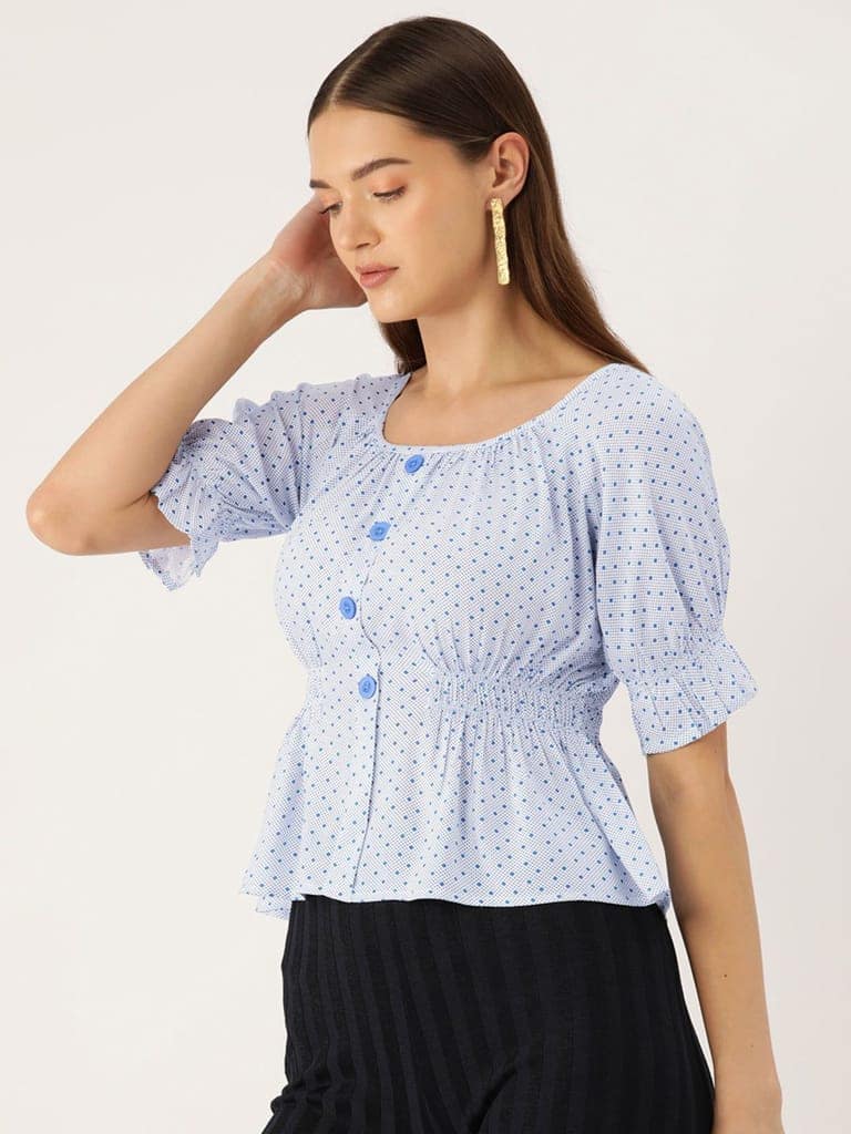 Polka Dots Print Puff Sleeves Peplum Top view 3