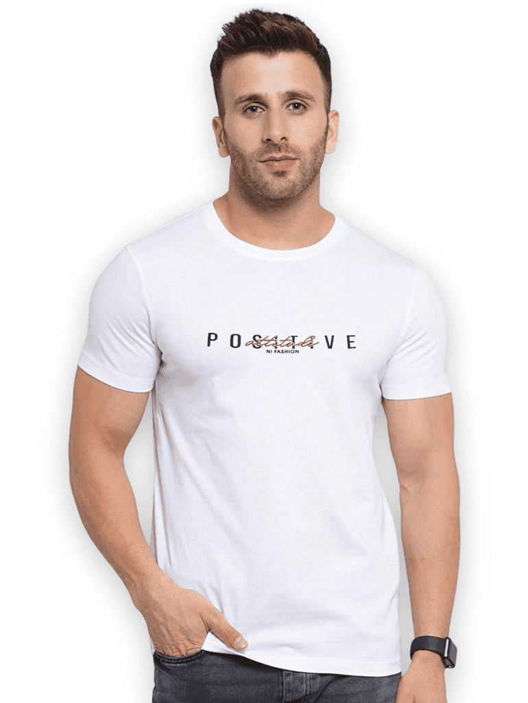 Men White Round Neck Printed T-Shirt – Positive Attitude Graphic Tee view 2