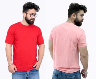 Tru Threads Solid Premium T-Shirt 2 Pcs Combo - Red, Peach (Size - M)