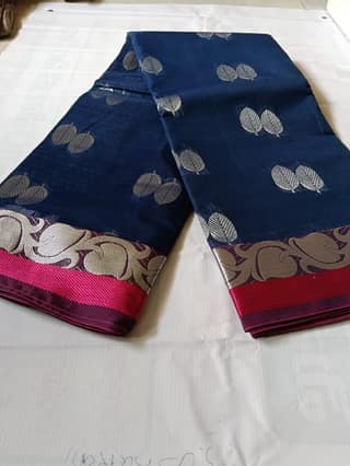 Blue Saree With Silver Zari Work And Pink Border 5.5 meters with combined blouse