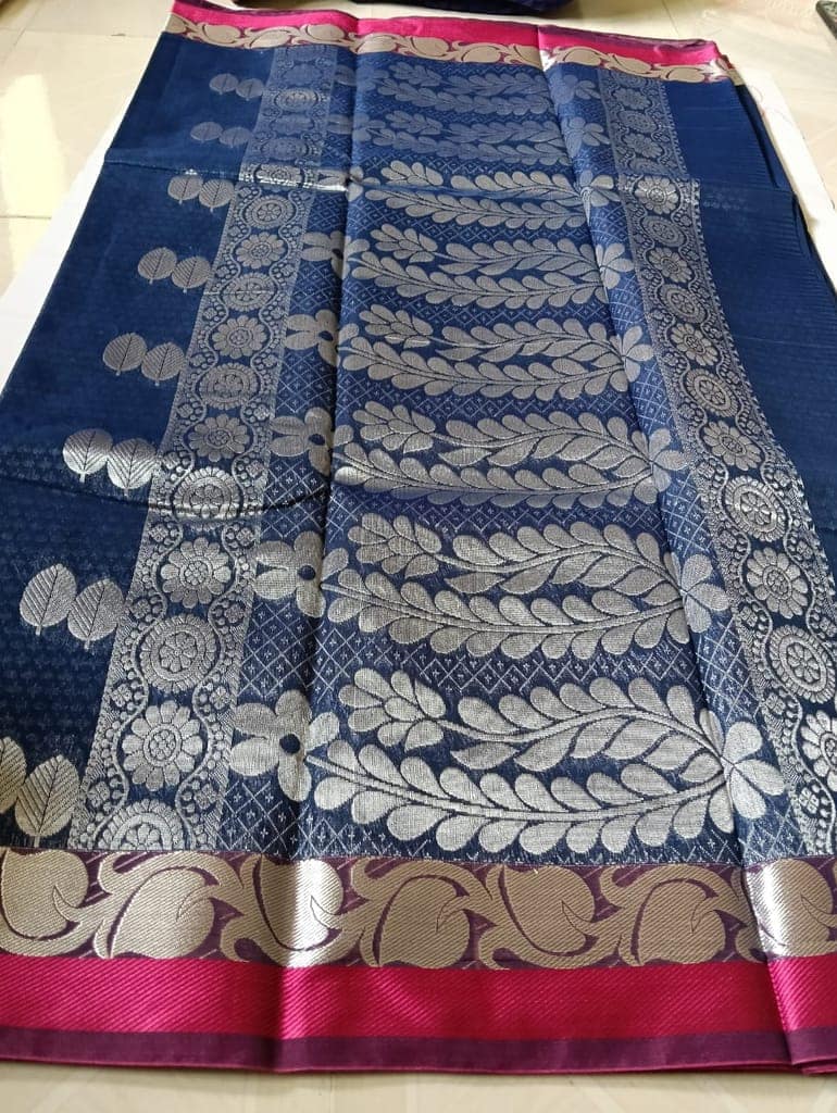 Blue Saree With Silver Zari Work And Pink Border 5.5 meters with combined blouse view 2