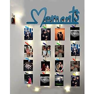 Khush Its Amazing Home Decor Wood Blue Moments With LED Light Hanging Photo Display, DIY Picture Photo Frame Collage Set Includes Multi colour Clips