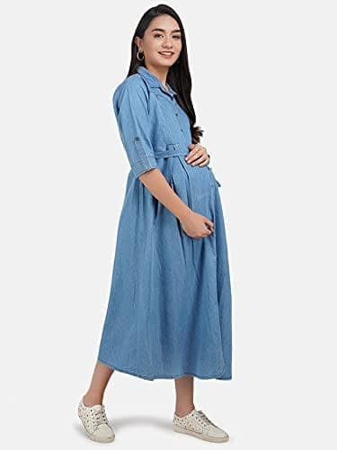 KOI SLEEPWEAR Women's Denim Maternity Gown with Feeding Pocket Maxi Night Gown for Pregnant Women (X-Large, Light Blue) view 2