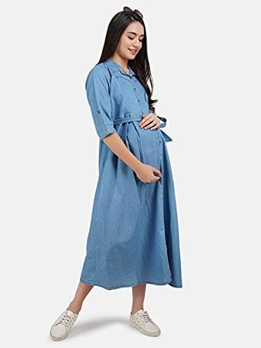 KOI SLEEPWEAR Women's Denim Maternity Gown with Feeding Pocket Maxi Night Gown for Pregnant Women (X-Large, Light Blue) view 5