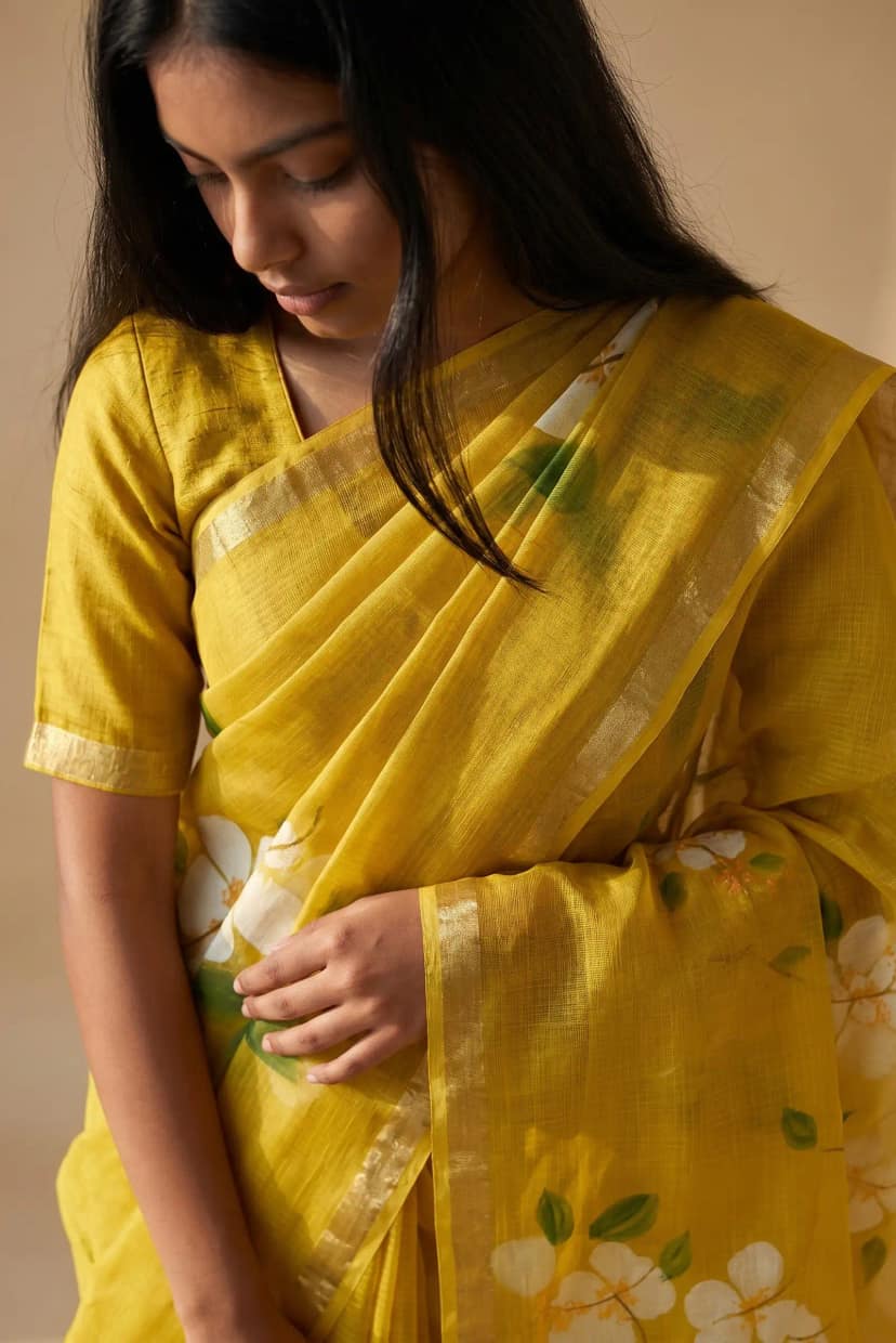 Lemon Yellow Kota Doria Silk Cotton Saree with Golden Woven Border view 2