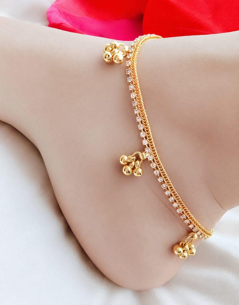 Gold Plated Stone Studded Traditional Anklet (Payal) for Women & Girls | Elegant Ethnic Foot Jewelry for Wedding, Party, Festive & Daily Wear | Lightweight Designer Silver Look Indian Payal Gift