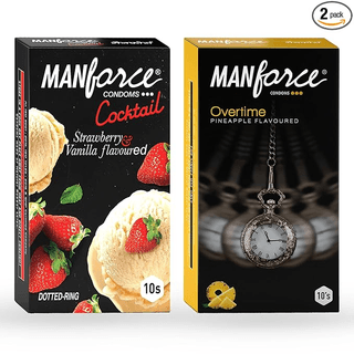 MANFORCE Cocktail Condoms with Dotted-Rings Strawberry & Vanilla Flavoured- 10 Pieces & Overtime Pineapple 3in1 (Ribbed Contour Dotted) Condoms - 10 Pieces Condom (Set of 2 20 Sheets)