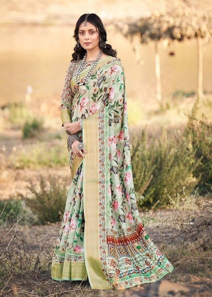 Digital Printed Cotton Saree in Light Green