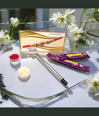 auteur 801 Stylish Black Roller Ball Pen and Designer Rakhi Gift Set for Brother With Chocolates, Roli, Mishri and Rice.