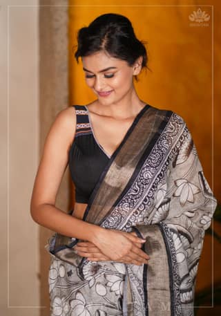 Pichwai DigitaI Print on Pure Linen by Linen Saree in Gray