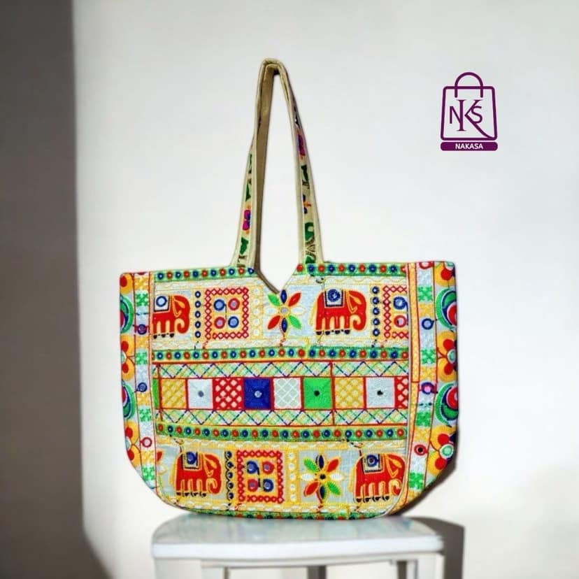 NAKASA Women's Gujarati Handmade Embroidery Large White Tote Bag view 2