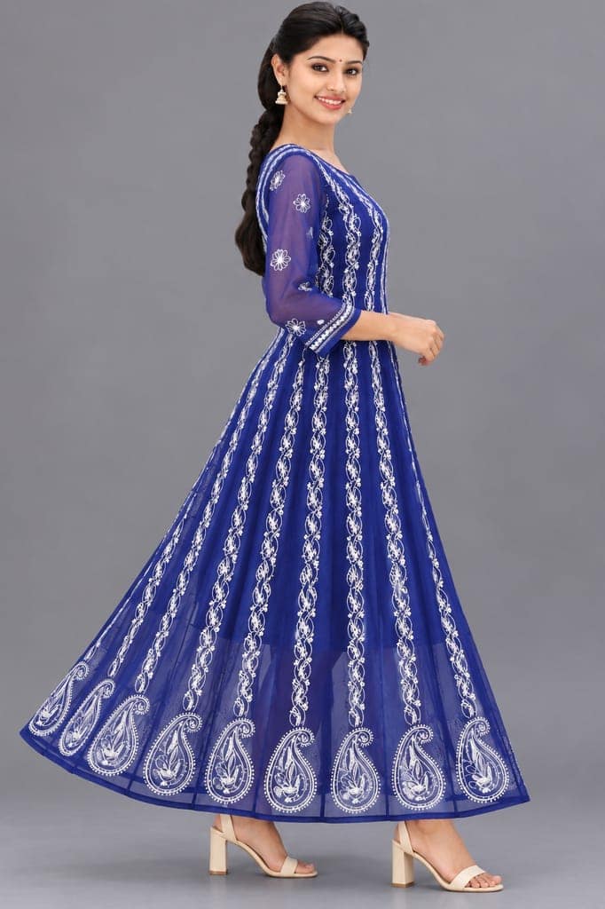 Mrs Right Women’s Lucknowi Chikankari Anarkali Kurta in Soft Georgette | Handcrafted Floral Embroidery | 3/4 Sleeves | 45 Inch Length | 74 Inch Flare | Festive Ethnic Wear view 3