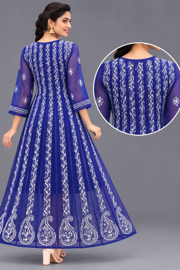 Mrs Right Women’s Lucknowi Chikankari Anarkali Kurta in Soft Georgette | Handcrafted Floral Embroidery | 3/4 Sleeves | 45 Inch Length | 74 Inch Flare | Festive Ethnic Wear view 4
