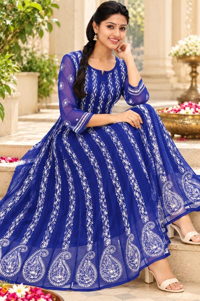 Mrs Right Women’s Lucknowi Chikankari Anarkali Kurta in Soft Georgette | Handcrafted Floral Embroidery | 3/4 Sleeves | 45 Inch Length | 74 Inch Flare | Festive Ethnic Wear view 5