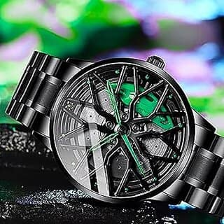 Spinning Car Wheels Gyro Men's Sport Watch Rotating Wheel Green Dial Metal Strap Analog Luxury Watches for Boy's and Men