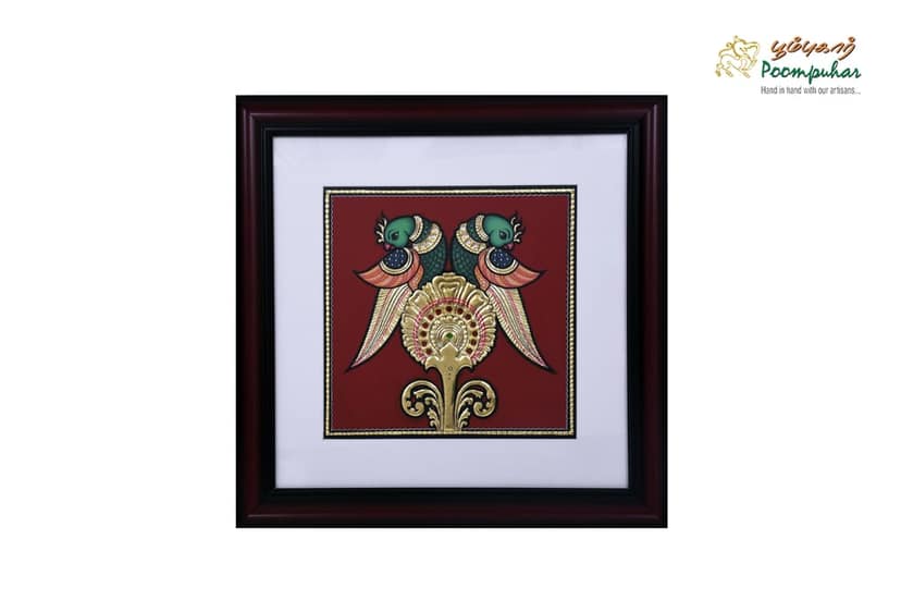 Poompuhar Peacock Tanjore Painting (Gold Foil Work,14X14 inch), Multicolour )
