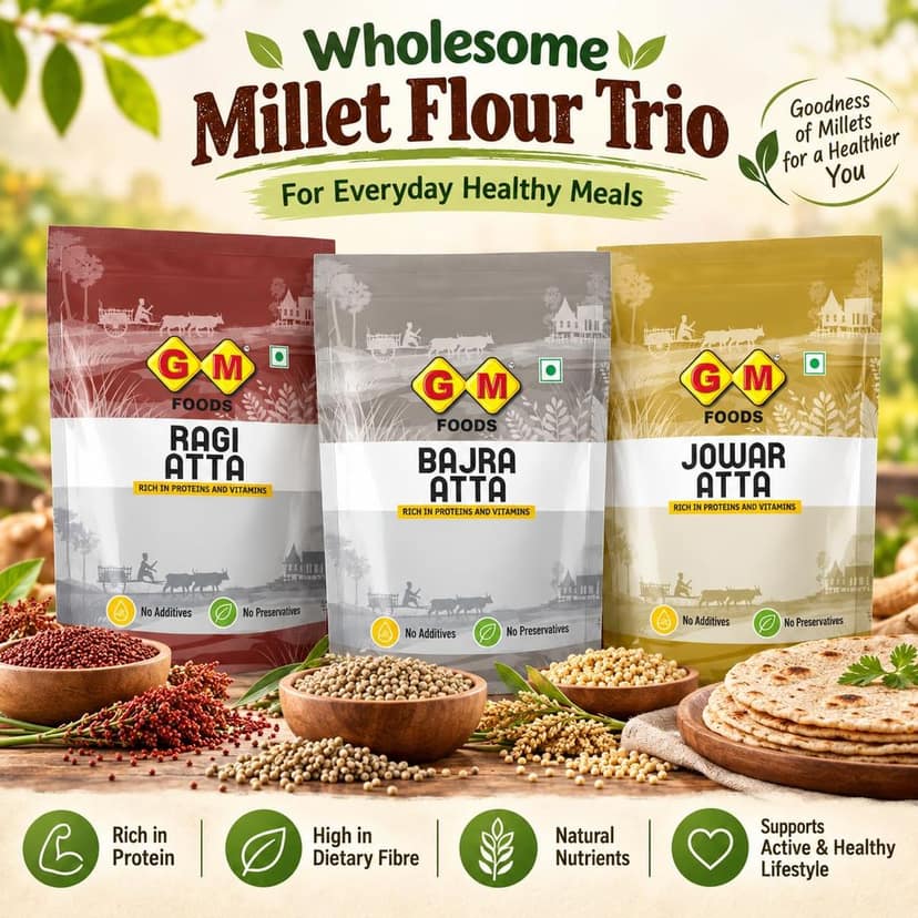 GM Foods Healthy Millet Atta Combo | Ragi Atta 500g + Bajra Atta 500g + Jowar Atta 500g | Pack of 3 | Nutritious Millet Flour for Roti, Chapati & Bhakri | No Added Preservatives view 3