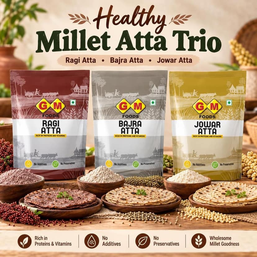 GM Foods Healthy Millet Atta Combo | Ragi Atta 500g + Bajra Atta 500g + Jowar Atta 500g | Pack of 3 | Nutritious Millet Flour for Roti, Chapati & Bhakri | No Added Preservatives view 5