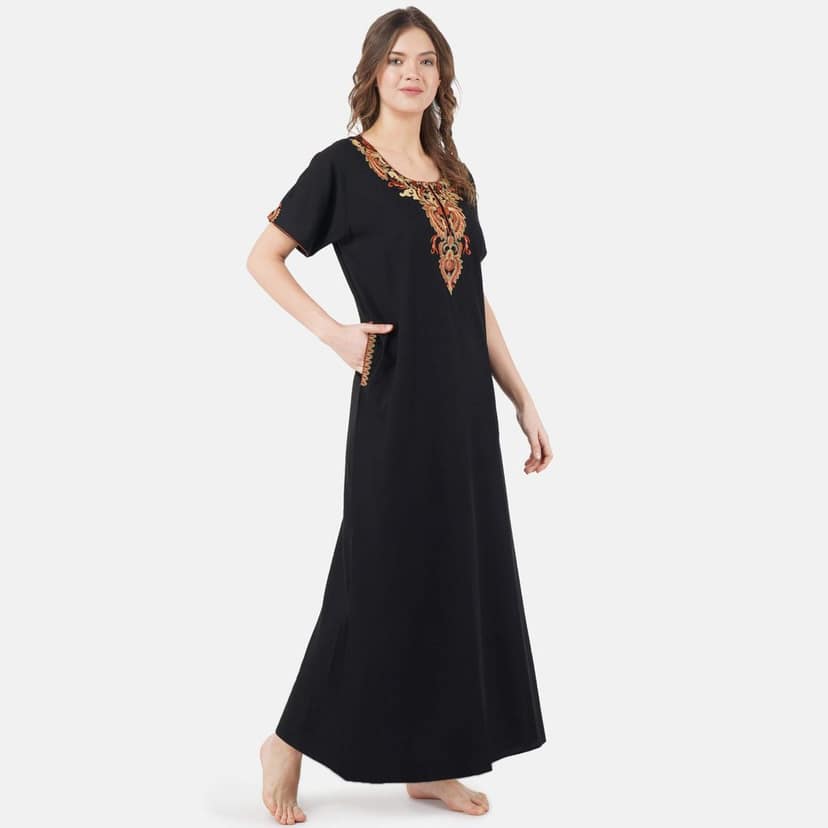 VALENCIA SLEEPWEAR lissybissy Cotton Resham Embroidery Nighty Night Gown Maxi for Women A line (KNW-68, Black, X-Large)� view 2